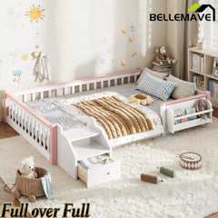 Bellemave® Full Over Full Wooden House Shaped Bunk Bed with Roof, Bookshelves and Storage Drawer — Converts Into Two Full Beds - Bellemave