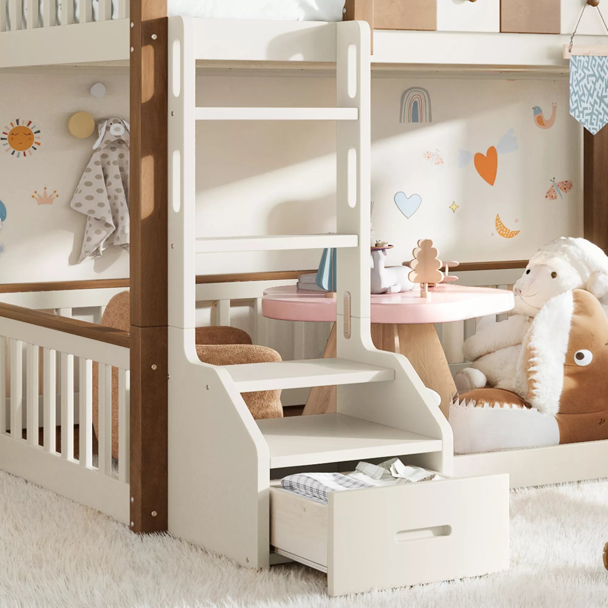 Bellemave® Full Over Full Wooden House Shaped Bunk Bed with Roof, Bookshelves and Storage Drawer — Converts Into Two Full Beds - Bellemave