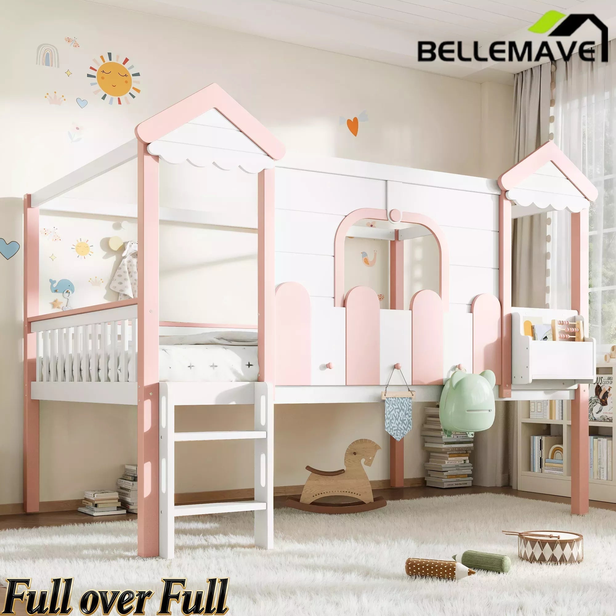 Bellemave® Full Over Full Wooden House Shaped Bunk Bed with Roof, Bookshelves and Storage Drawer — Converts Into Two Full Beds - Bellemave