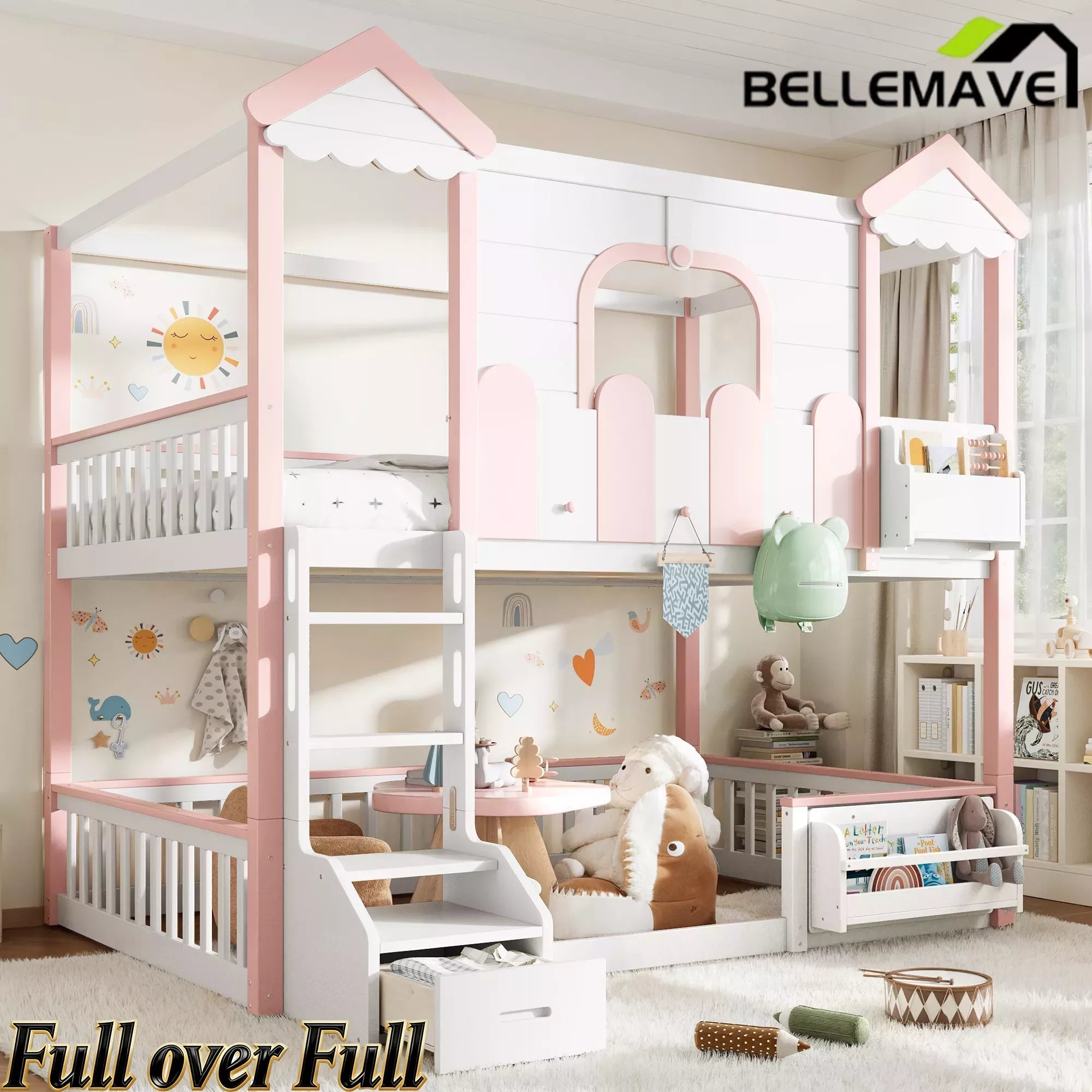 Bellemave® Full Over Full Wooden House Shaped Bunk Bed with Roof, Bookshelves and Storage Drawer — Converts Into Two Full Beds - Bellemave