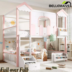 Bellemave® Full Over Full Wooden House Shaped Bunk Bed with Roof, Bookshelves and Storage Drawer — Converts Into Two Full Beds - Bellemave