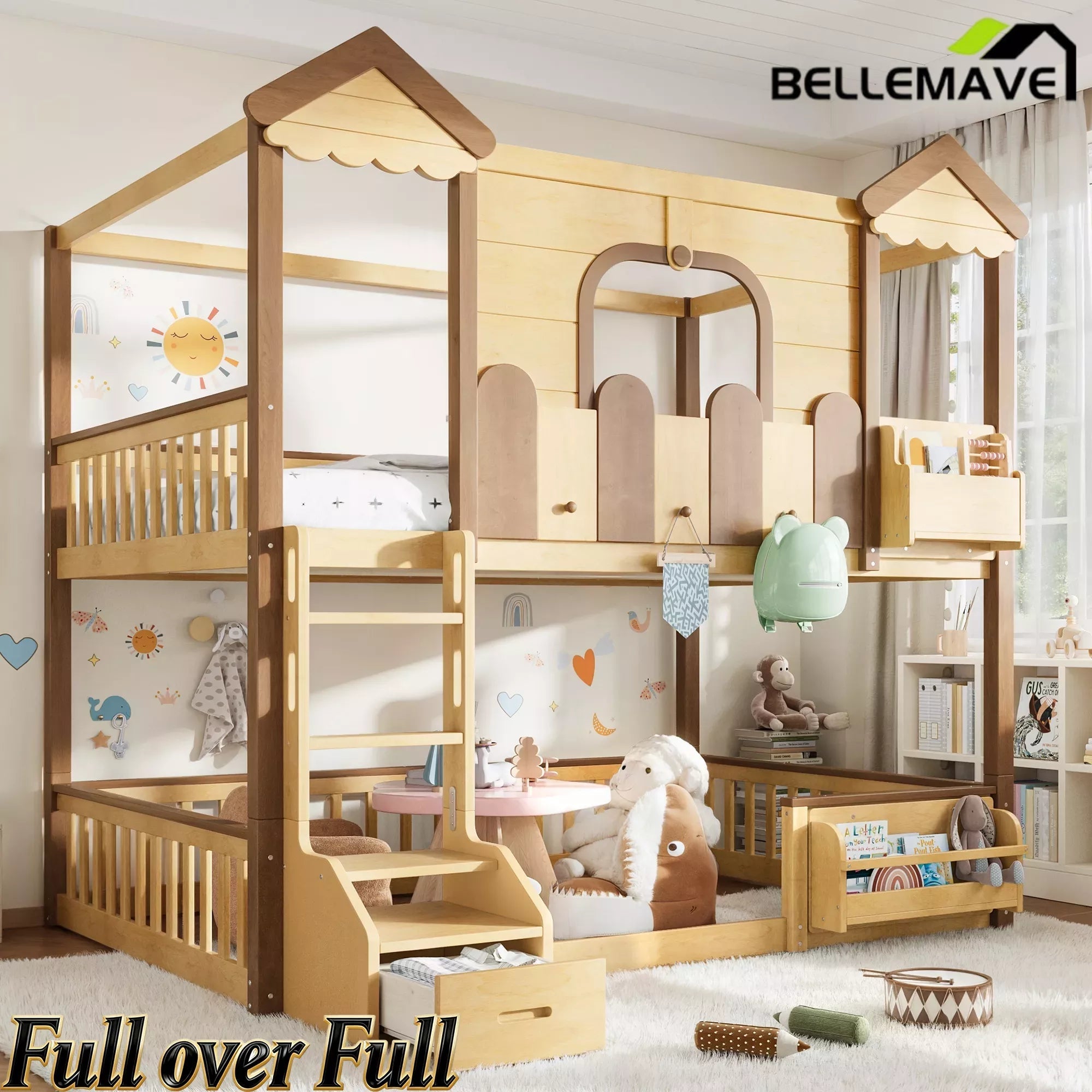 Bellemave® Full Over Full Wooden House Shaped Bunk Bed with Roof, Bookshelves and Storage Drawer — Converts Into Two Full Beds - Bellemave