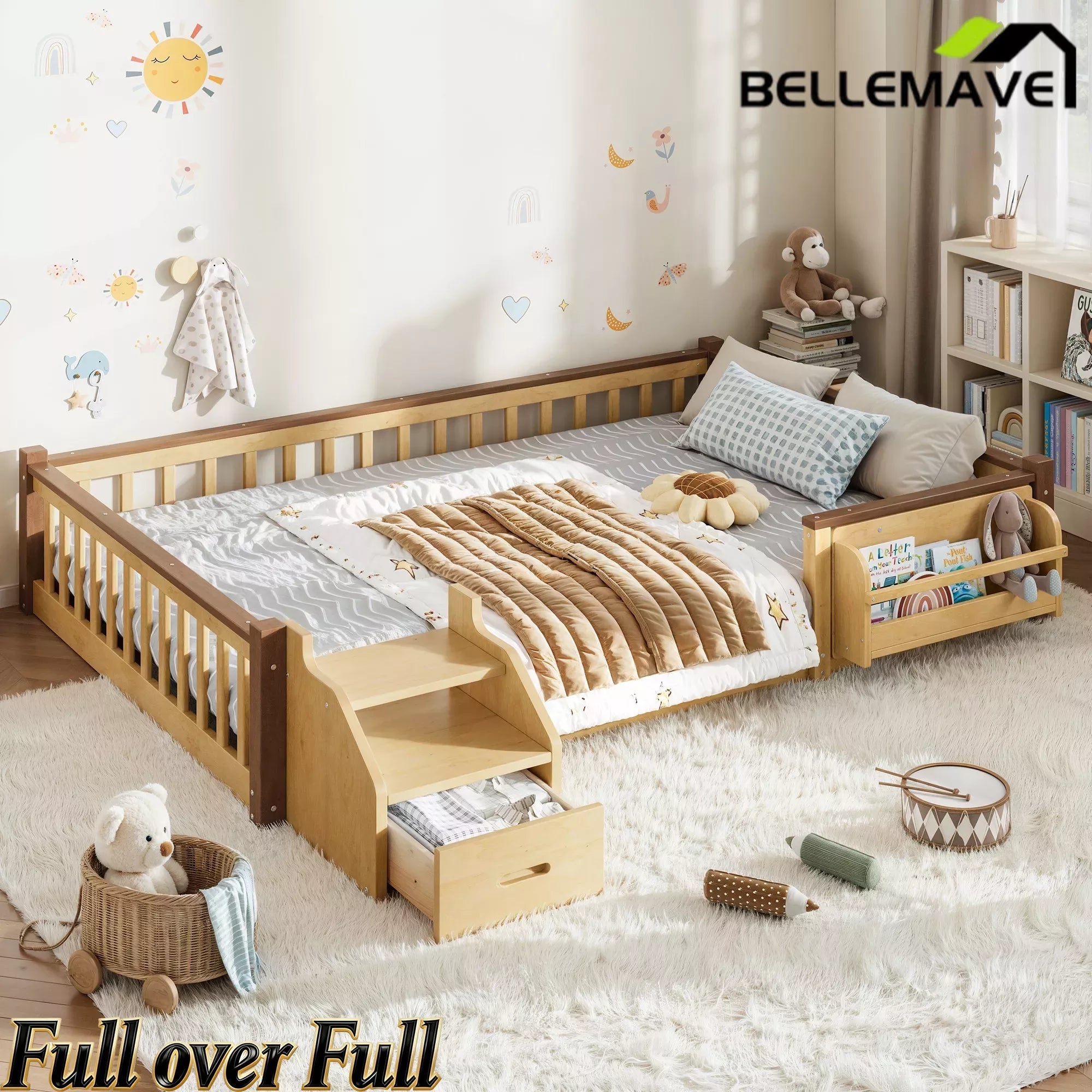 Bellemave® Full Over Full Wooden House Shaped Bunk Bed with Roof, Bookshelves and Storage Drawer — Converts Into Two Full Beds - Bellemave