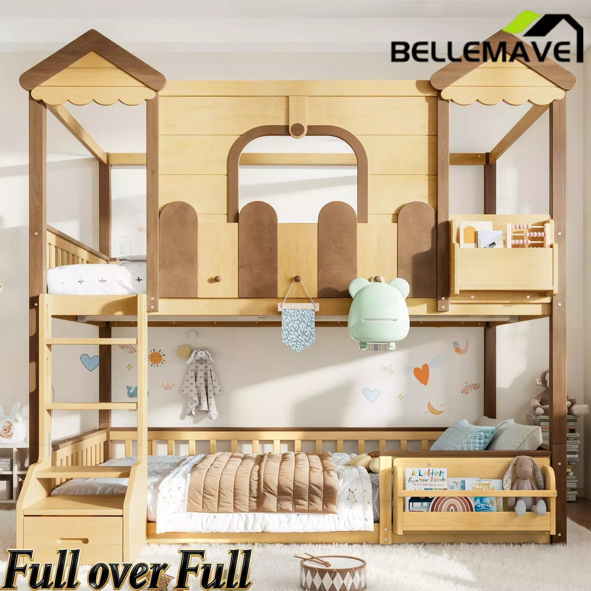 Bellemave® Full Over Full Wooden House Shaped Bunk Bed with Roof, Bookshelves and Storage Drawer — Converts Into Two Full Beds - Bellemave