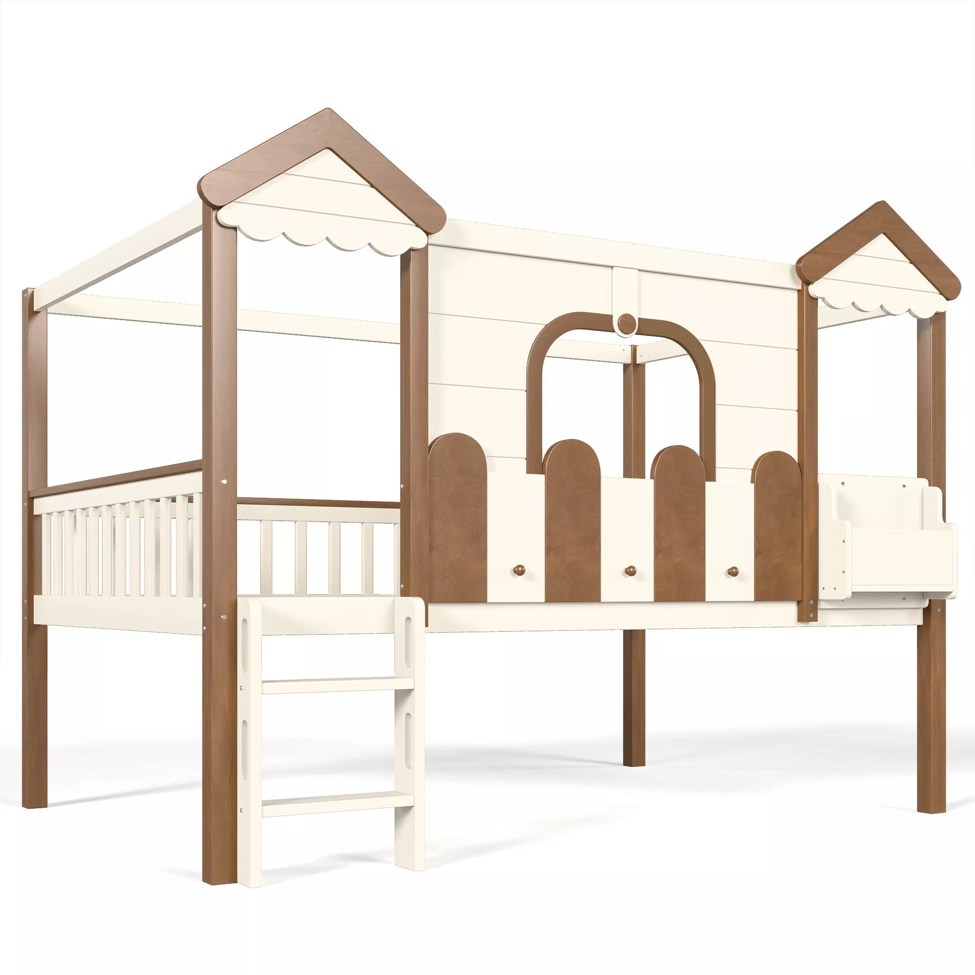Bellemave® Full Over Full Wooden House Shaped Bunk Bed with Roof, Bookshelves and Storage Drawer — Converts Into Two Full Beds - Bellemave