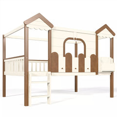Bellemave® Full Over Full Wooden House Shaped Bunk Bed with Roof, Bookshelves and Storage Drawer — Converts Into Two Full Beds - Bellemave