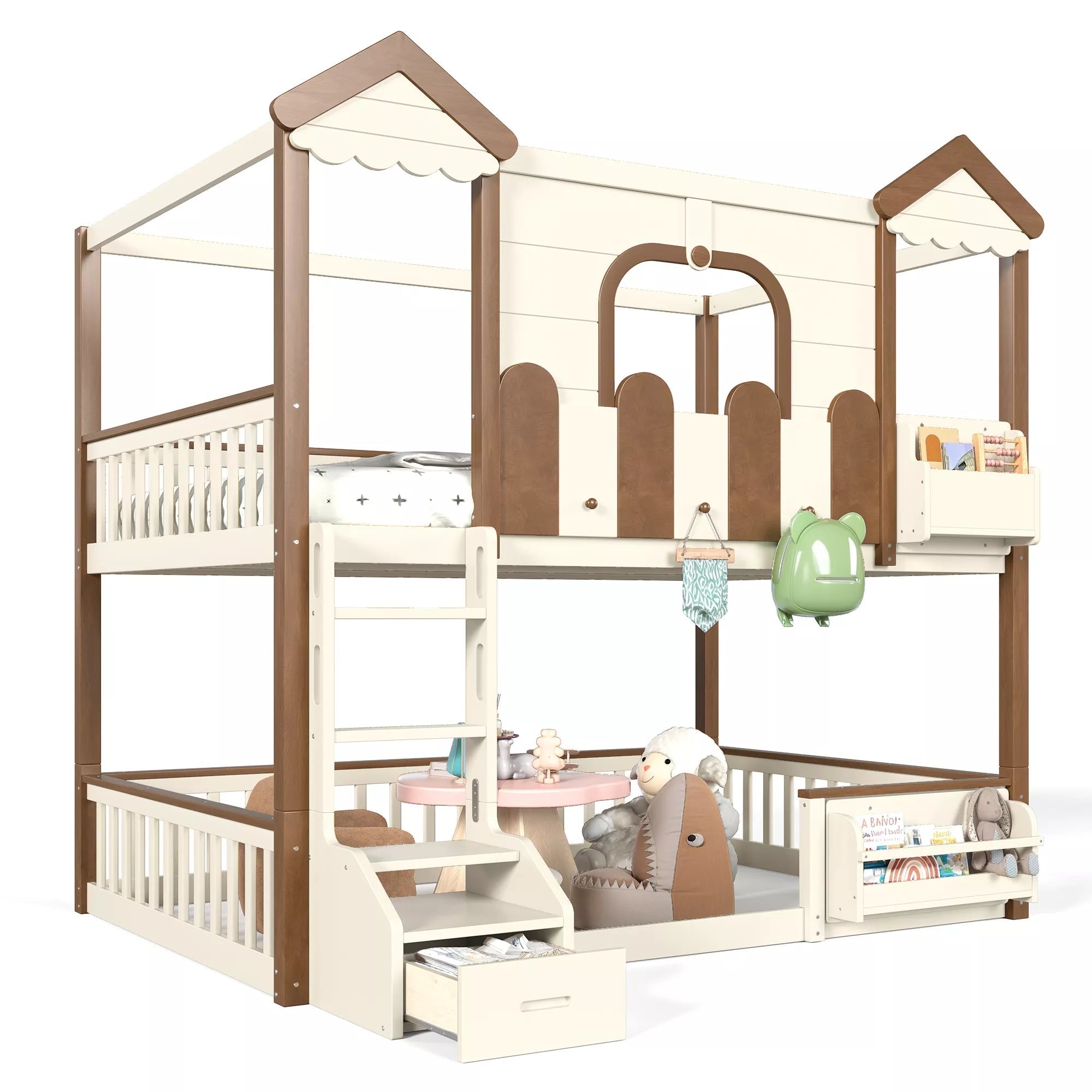 Bellemave® Full Over Full Wooden House Shaped Bunk Bed with Roof, Bookshelves and Storage Drawer — Converts Into Two Full Beds - Bellemave