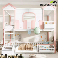 Bellemave® Full Over Full Wooden House Shaped Bunk Bed with Roof, Bookshelves and Storage Drawer — Converts Into Two Full Beds - Bellemave