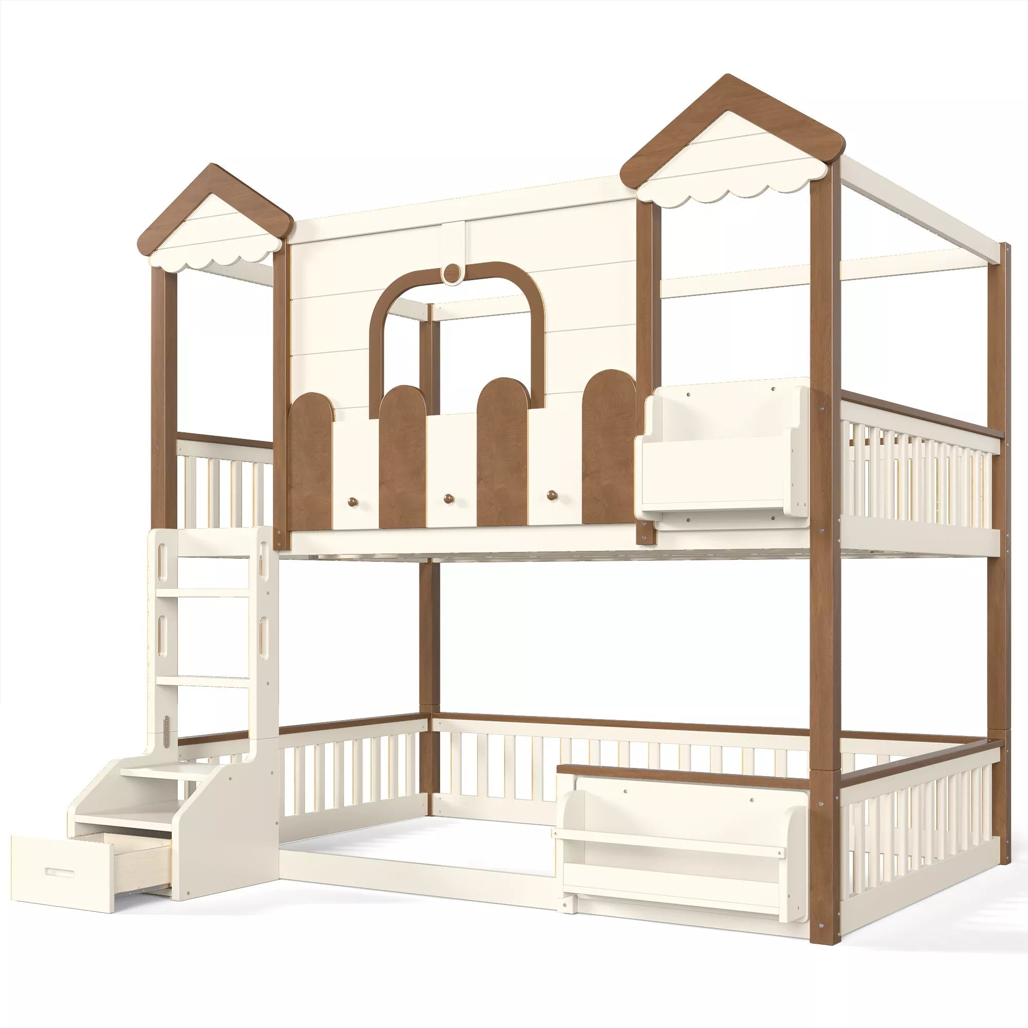 Bellemave® Full Over Full Wooden House Shaped Bunk Bed with Roof, Bookshelves and Storage Drawer — Converts Into Two Full Beds - Bellemave
