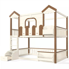 Bellemave® Full Over Full Wooden House Shaped Bunk Bed with Roof, Bookshelves and Storage Drawer — Converts Into Two Full Beds - Bellemave