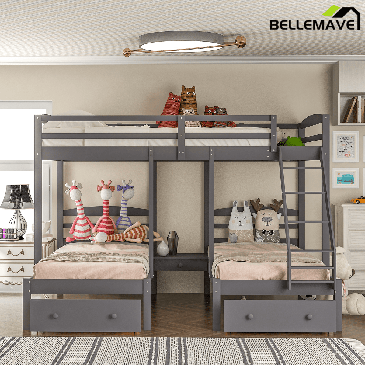 Bellemave® Full Over Twin and Twin Bunk Beds, Wood Triple Bunk Bed with Storage Drawers, Guardrails & Ladder, Gray - Bellemave