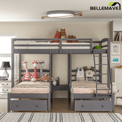 Bellemave® Full Over Twin and Twin Bunk Beds, Wood Triple Bunk Bed with Storage Drawers, Guardrails & Ladder, Gray - Bellemave
