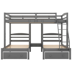 Bellemave® Full Over Twin and Twin Bunk Beds, Wood Triple Bunk Bed with Storage Drawers, Guardrails & Ladder, Gray - Bellemave