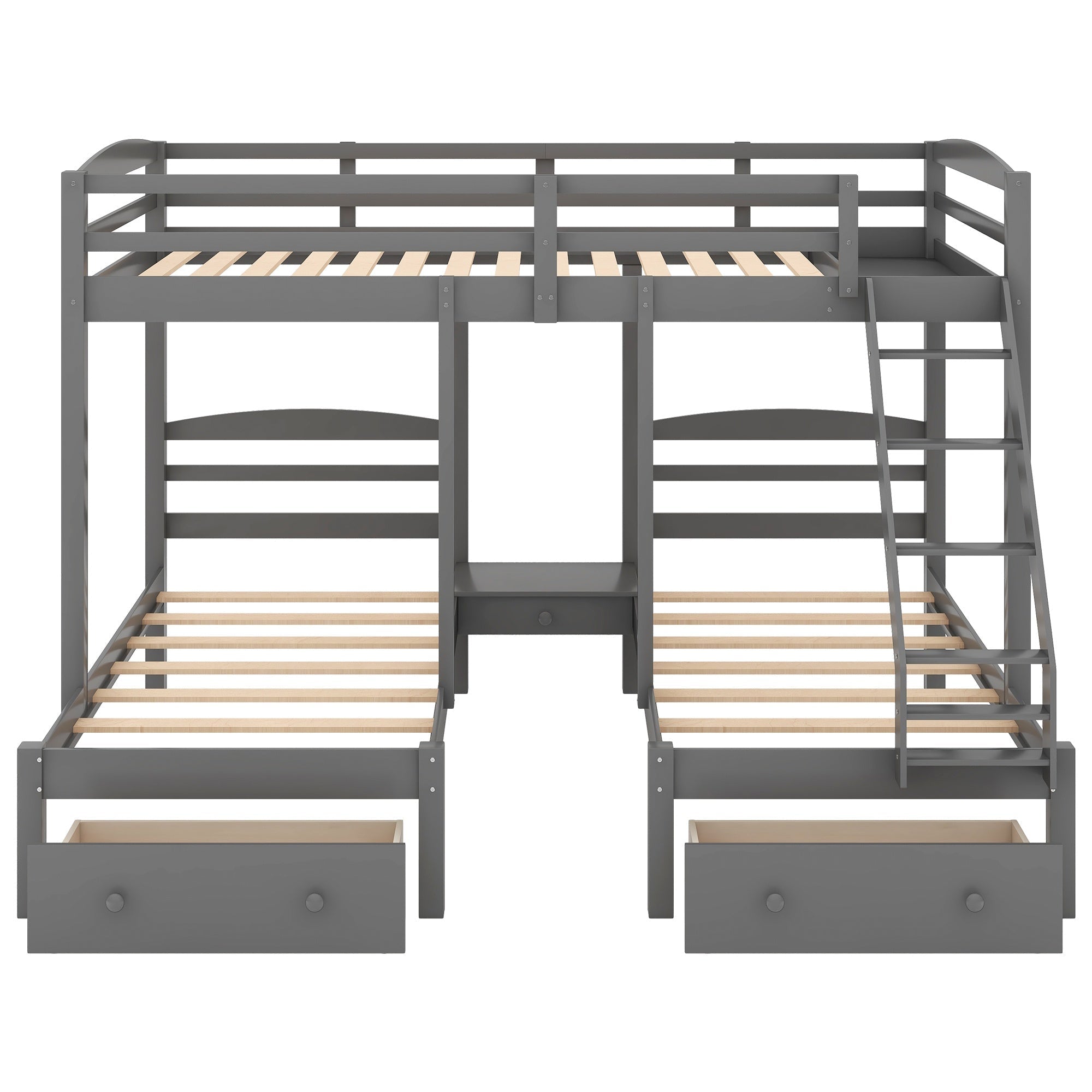 Bellemave® Full Over Twin and Twin Bunk Beds, Wood Triple Bunk Bed with Storage Drawers, Guardrails & Ladder, Gray - Bellemave