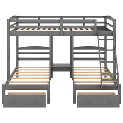 Bellemave® Full Over Twin and Twin Bunk Beds, Wood Triple Bunk Bed with Storage Drawers, Guardrails & Ladder, Gray - Bellemave