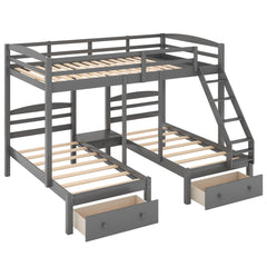 Bellemave® Full Over Twin and Twin Bunk Beds, Wood Triple Bunk Bed with Storage Drawers, Guardrails & Ladder, Gray - Bellemave