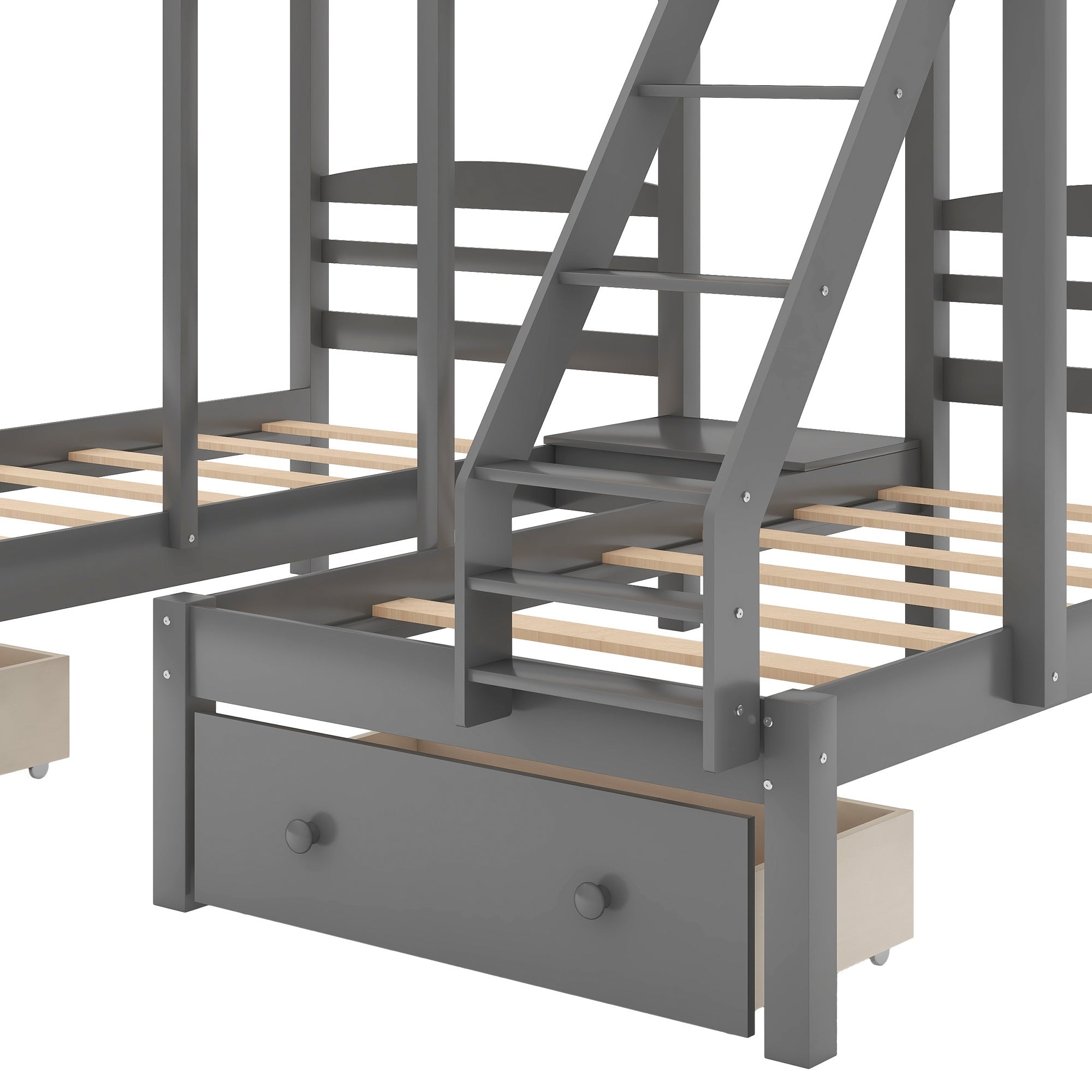 Bellemave® Full Over Twin and Twin Bunk Beds, Wood Triple Bunk Bed with Storage Drawers, Guardrails & Ladder, Gray - Bellemave