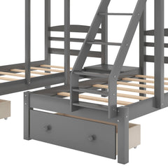 Bellemave® Full Over Twin and Twin Bunk Beds, Wood Triple Bunk Bed with Storage Drawers, Guardrails & Ladder, Gray - Bellemave