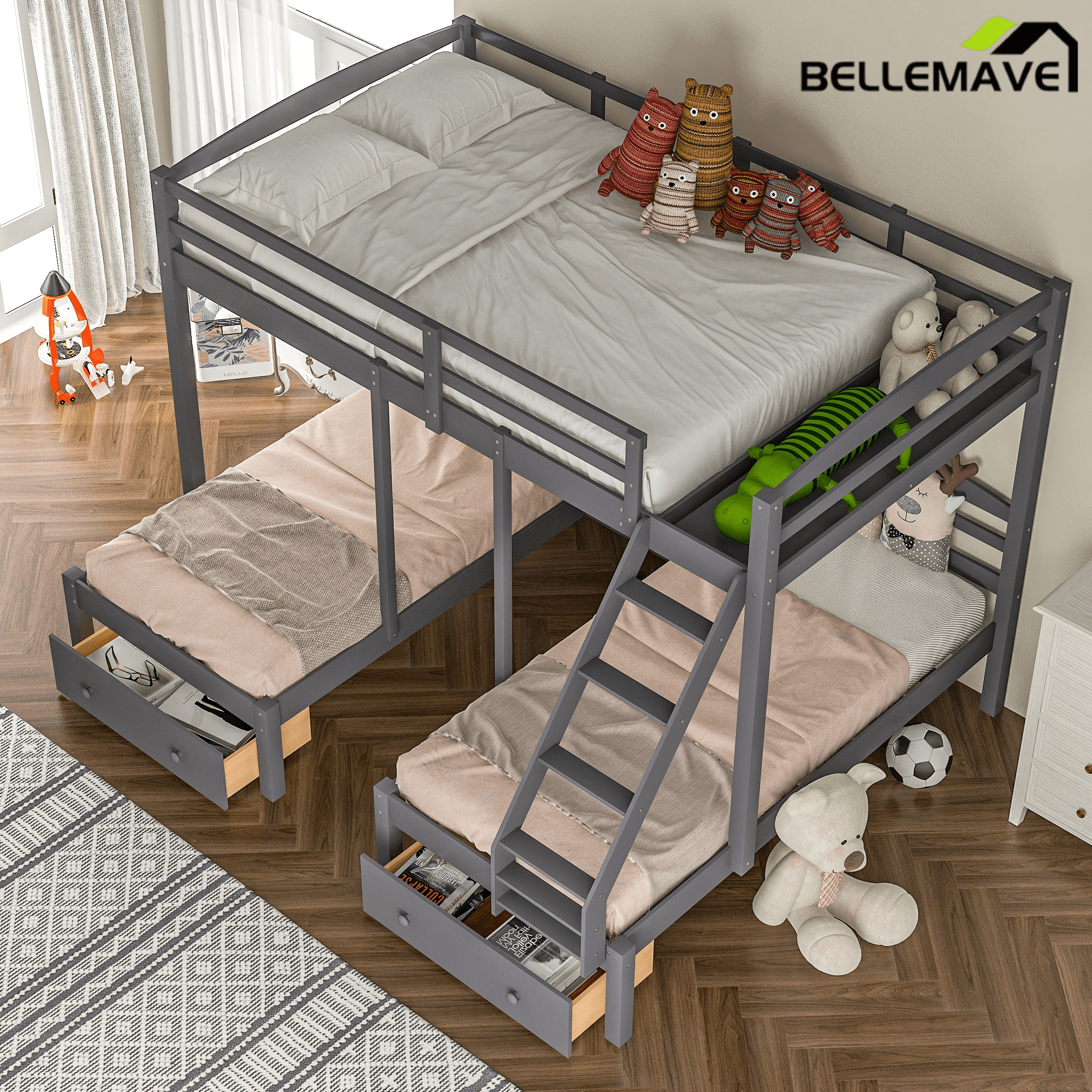Bellemave® Full Over Twin and Twin Bunk Beds, Wood Triple Bunk Bed with Storage Drawers, Guardrails & Ladder, Gray - Bellemave
