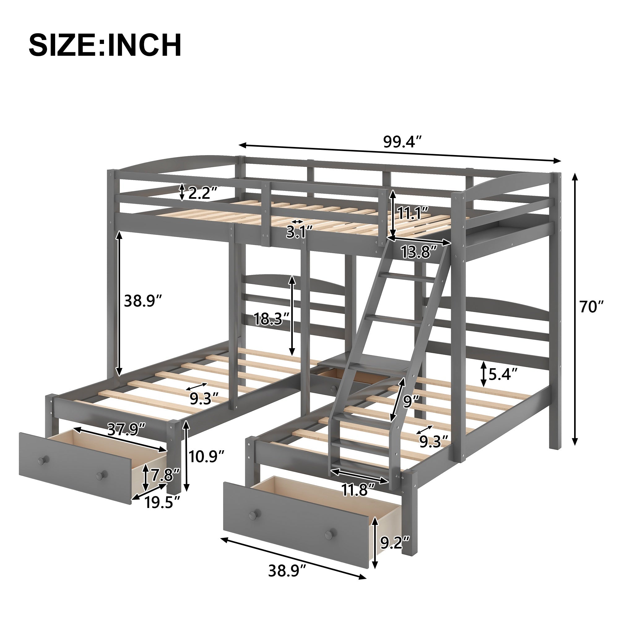 Bellemave® Full Over Twin and Twin Bunk Beds, Wood Triple Bunk Bed with Storage Drawers, Guardrails & Ladder, Gray - Bellemave
