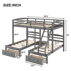 Bellemave® Full Over Twin and Twin Bunk Beds, Wood Triple Bunk Bed with Storage Drawers, Guardrails & Ladder, Gray - Bellemave