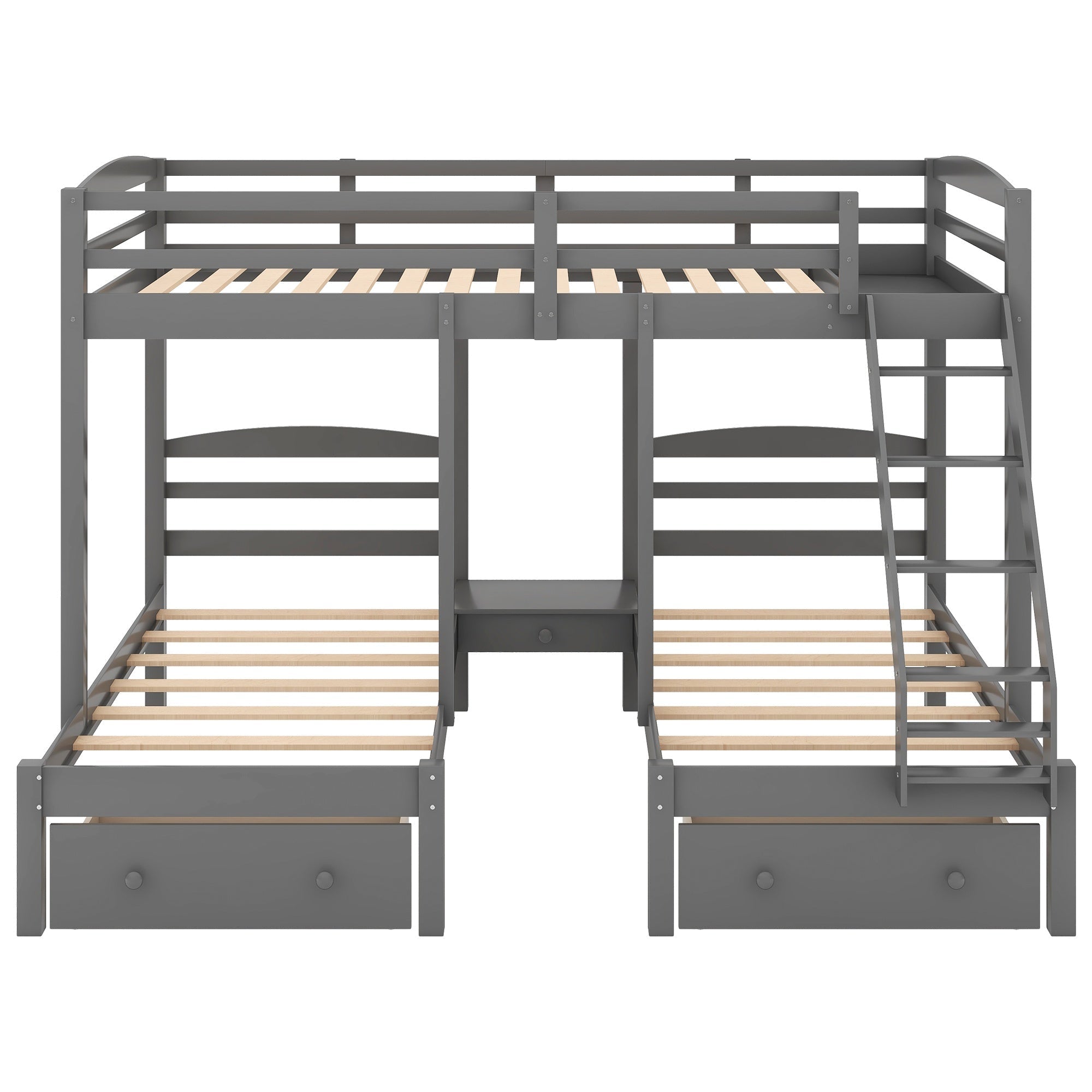 Bellemave® Full Over Twin and Twin Bunk Beds, Wood Triple Bunk Bed with Storage Drawers, Guardrails & Ladder, Gray - Bellemave
