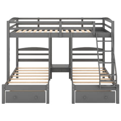 Bellemave® Full Over Twin and Twin Bunk Beds, Wood Triple Bunk Bed with Storage Drawers, Guardrails & Ladder, Gray - Bellemave