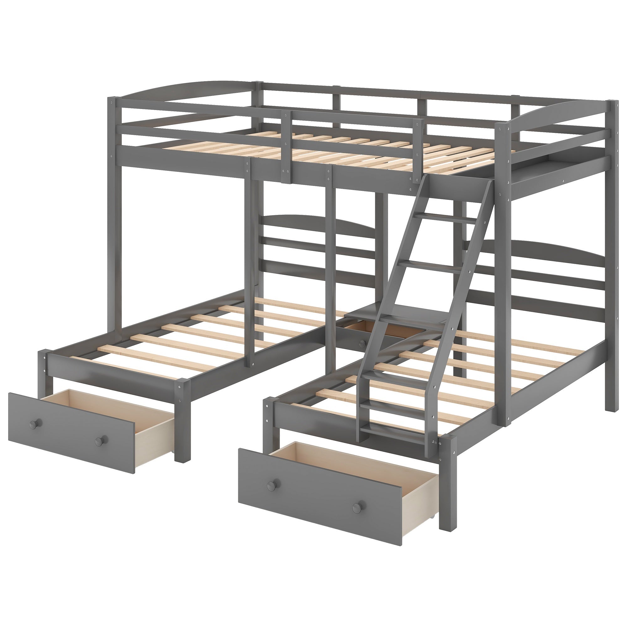Bellemave® Full Over Twin and Twin Bunk Beds, Wood Triple Bunk Bed with Storage Drawers, Guardrails & Ladder, Gray - Bellemave
