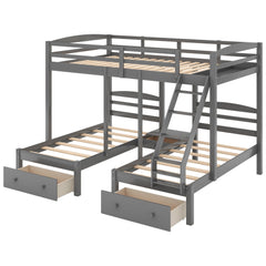 Bellemave® Full Over Twin and Twin Bunk Beds, Wood Triple Bunk Bed with Storage Drawers, Guardrails & Ladder, Gray - Bellemave
