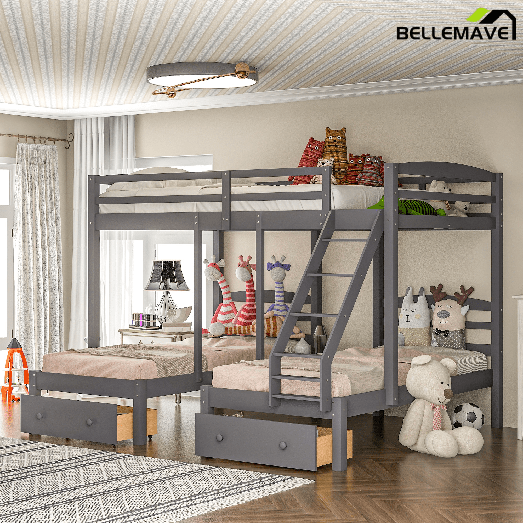 Bellemave® Full Over Twin and Twin Bunk Beds, Wood Triple Bunk Bed with Storage Drawers, Guardrails & Ladder, Gray - Bellemave
