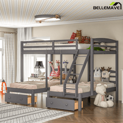 Bellemave® Full Over Twin and Twin Bunk Beds, Wood Triple Bunk Bed with Storage Drawers, Guardrails & Ladder, Gray - Bellemave