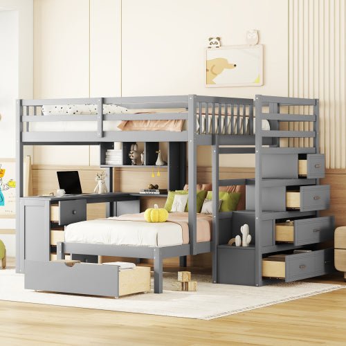 Bellemave® Full Over Twin Bunk Bed with Desk, Drawers and Shelves - Bellemave