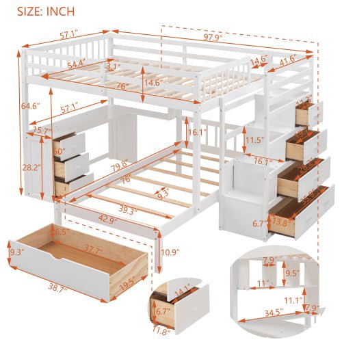 Bellemave® Full Over Twin Bunk Bed with Desk, Drawers and Shelves - Bellemave