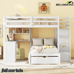 Bellemave® Full over Twin Bunk Bed with Desk, Drawers and Shelves, White - Bellemave