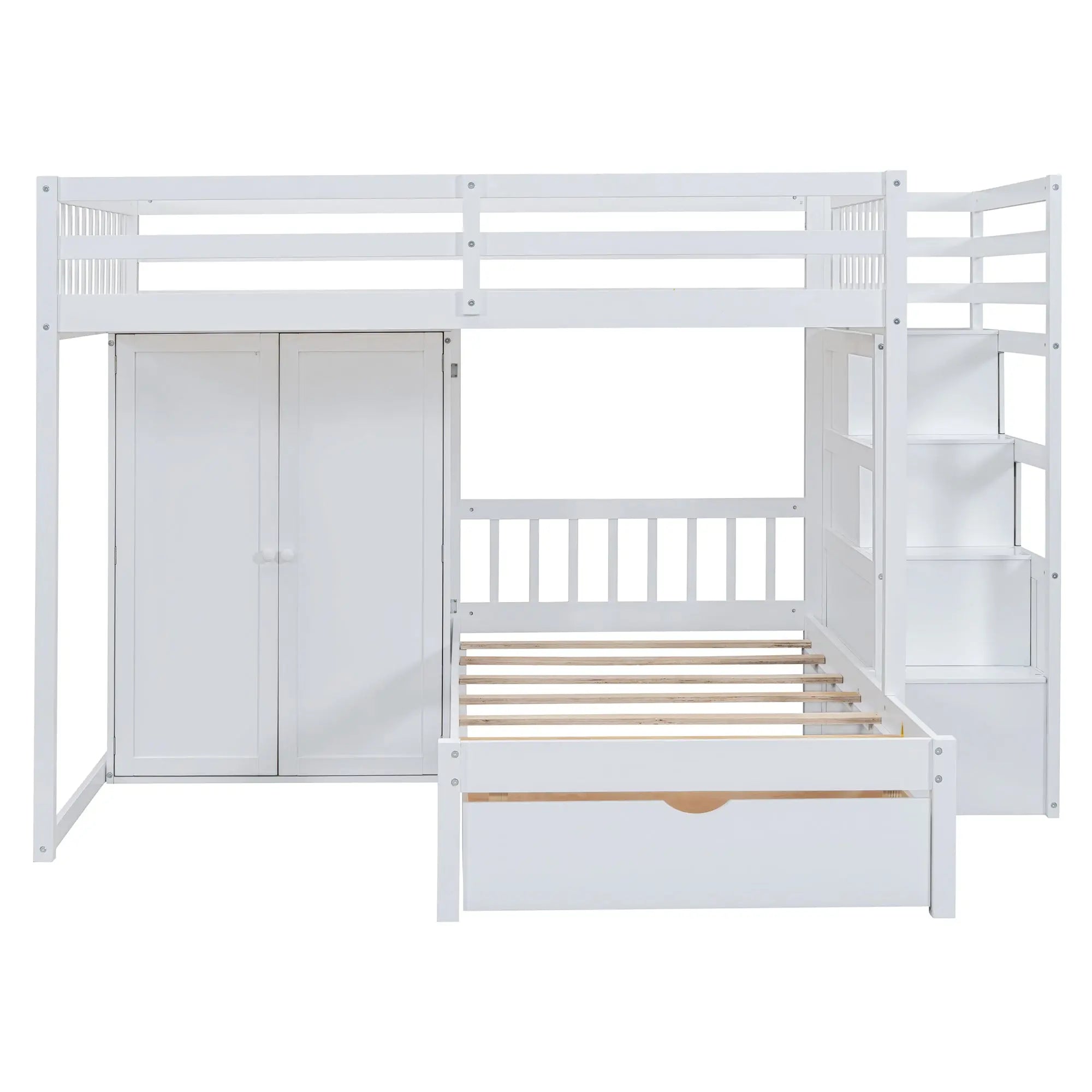 Bellemave® Full over Twin Bunk Bed with Desk, Drawers and Shelves, White - Bellemave