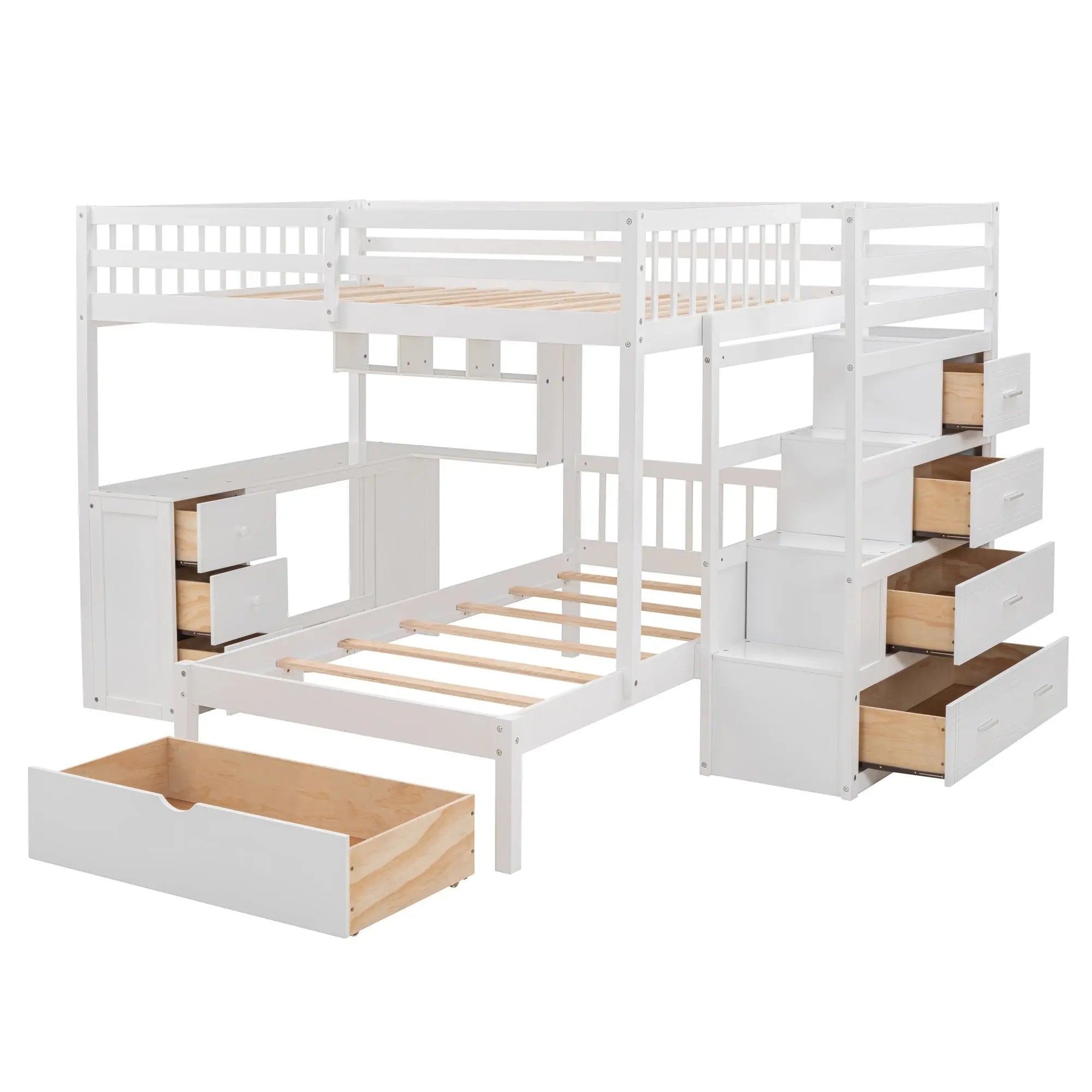 Bellemave® Full over Twin Bunk Bed with Desk, Drawers and Shelves, White - Bellemave