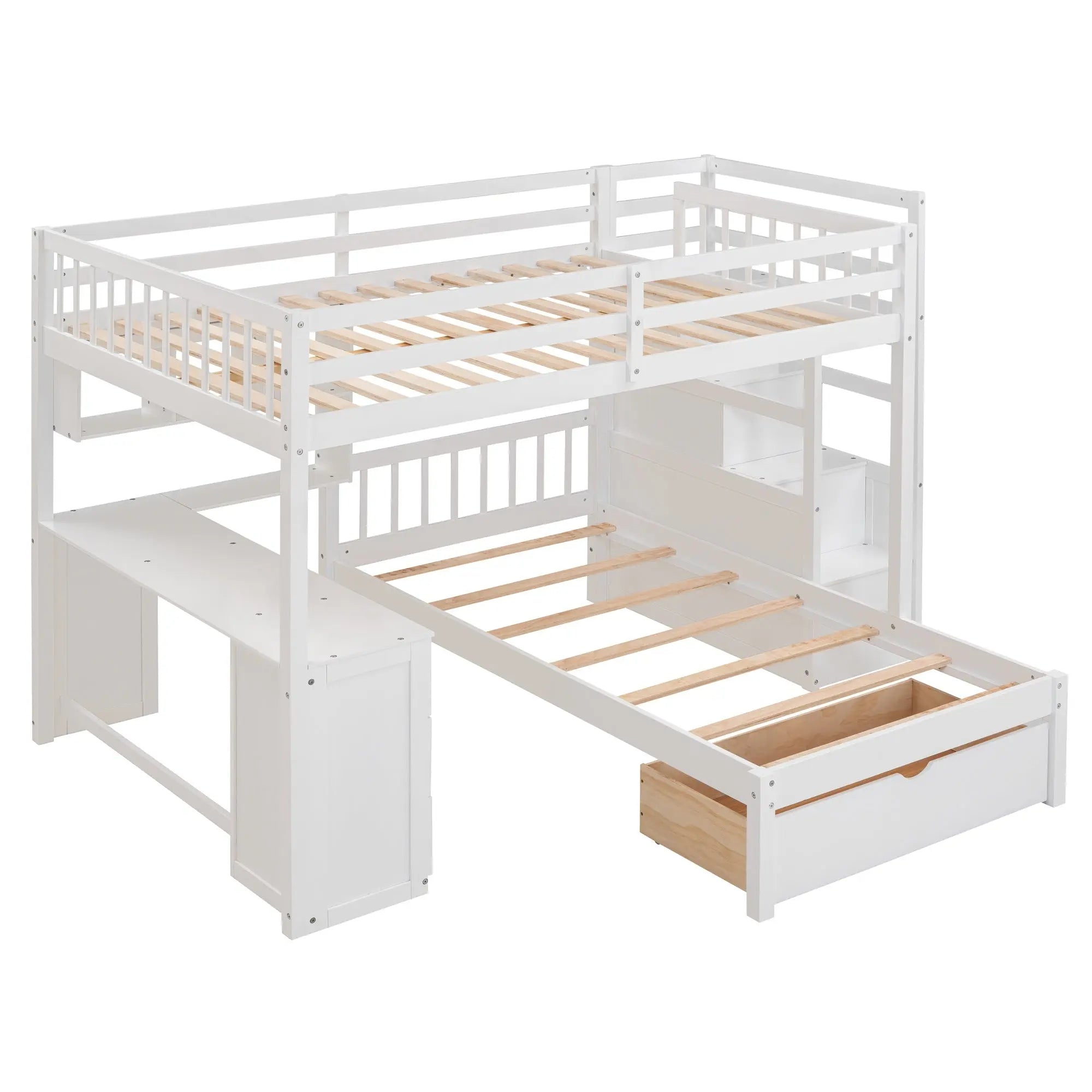 Bellemave® Full over Twin Bunk Bed with Desk, Drawers and Shelves, White - Bellemave