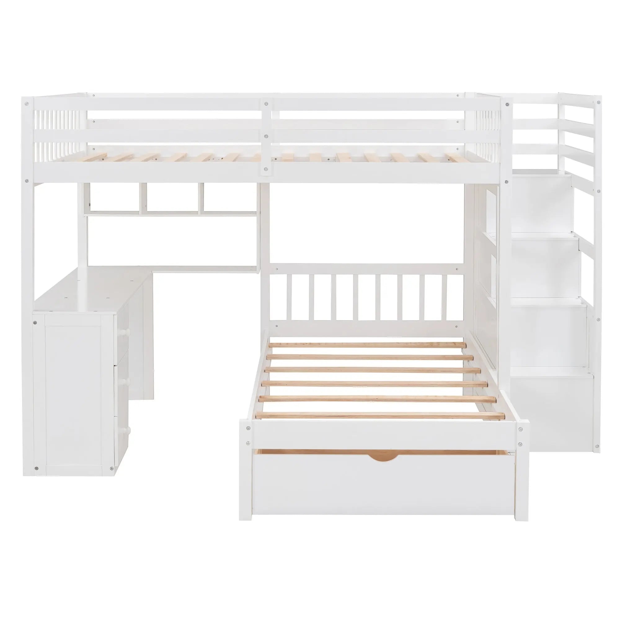 Bellemave® Full over Twin Bunk Bed with Desk, Drawers and Shelves, White - Bellemave