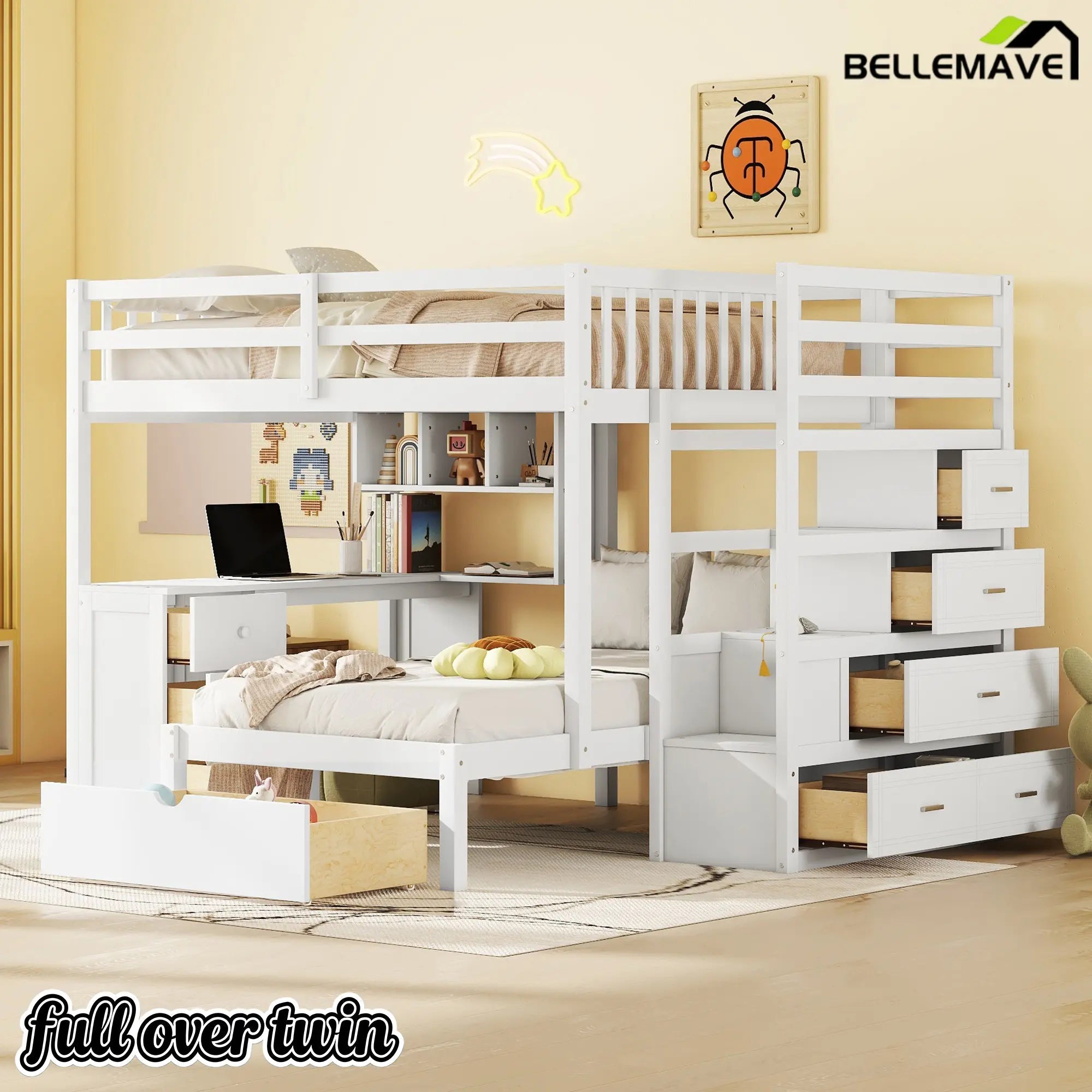 Bellemave® Full over Twin Bunk Bed with Desk, Drawers and Shelves, White - Bellemave