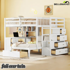 Bellemave® Full over Twin Bunk Bed with Desk, Drawers and Shelves, White - Bellemave