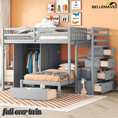 Bellemave® Full over Twin Bunk Bed with Desk, Drawers and Shelves, White - Bellemave