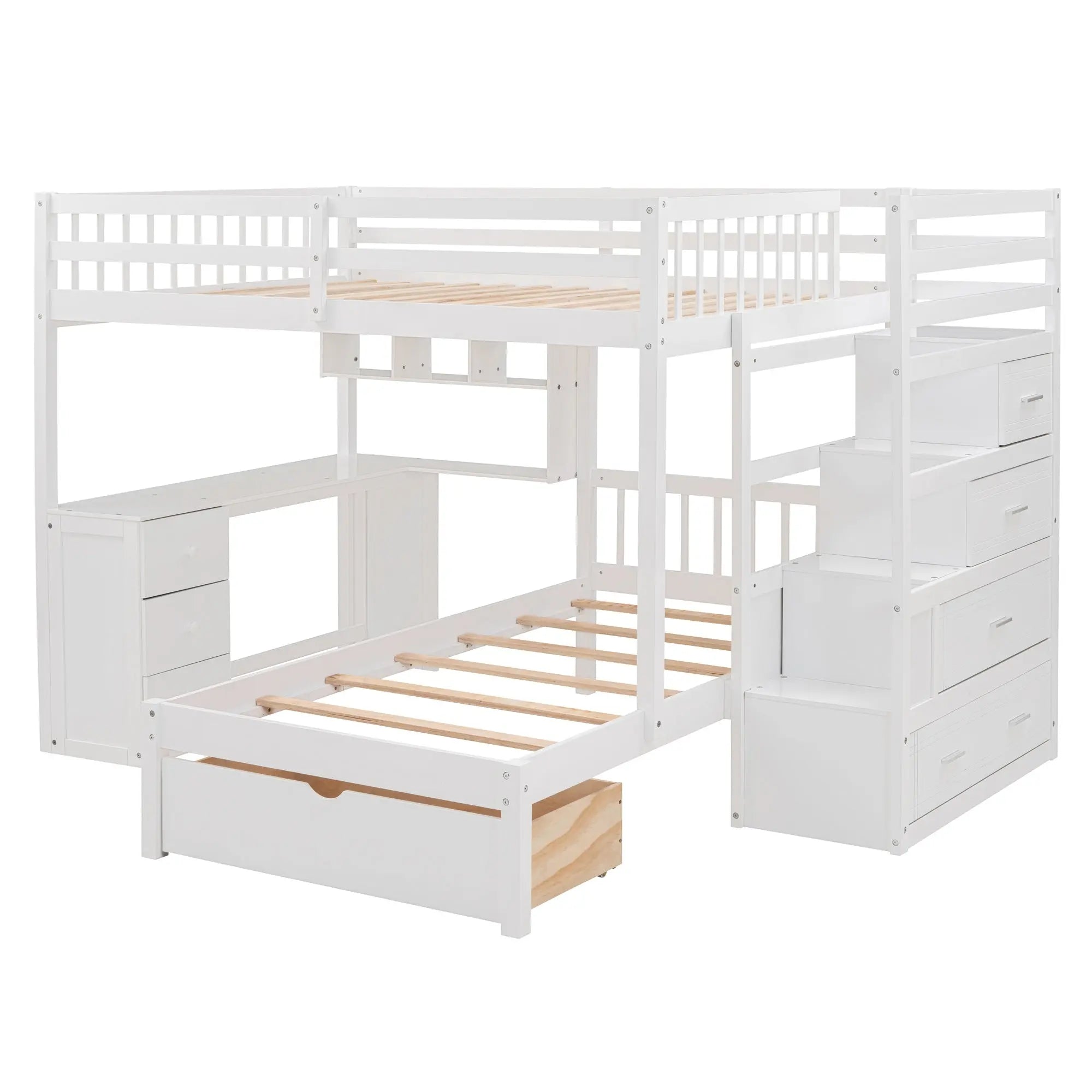 Bellemave® Full over Twin Bunk Bed with Desk, Drawers and Shelves, White - Bellemave