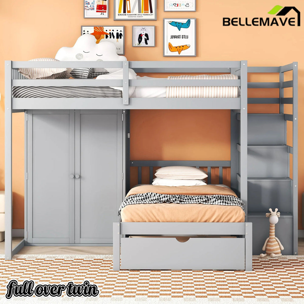 Bellemave® Full over Twin Bunk Bed with Desk, Drawers and Shelves, White - Bellemave