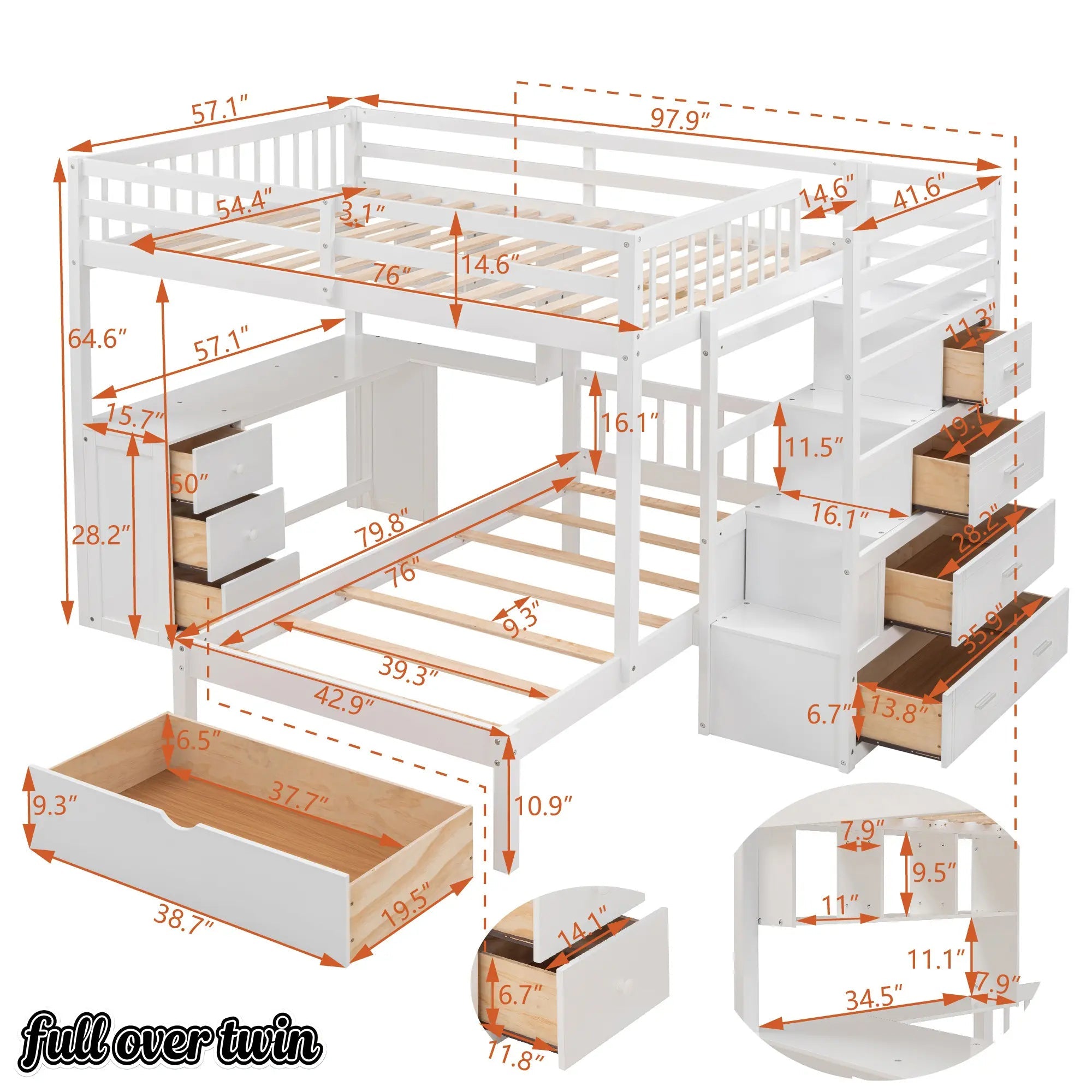 Bellemave® Full over Twin Bunk Bed with Desk, Drawers and Shelves, White - Bellemave