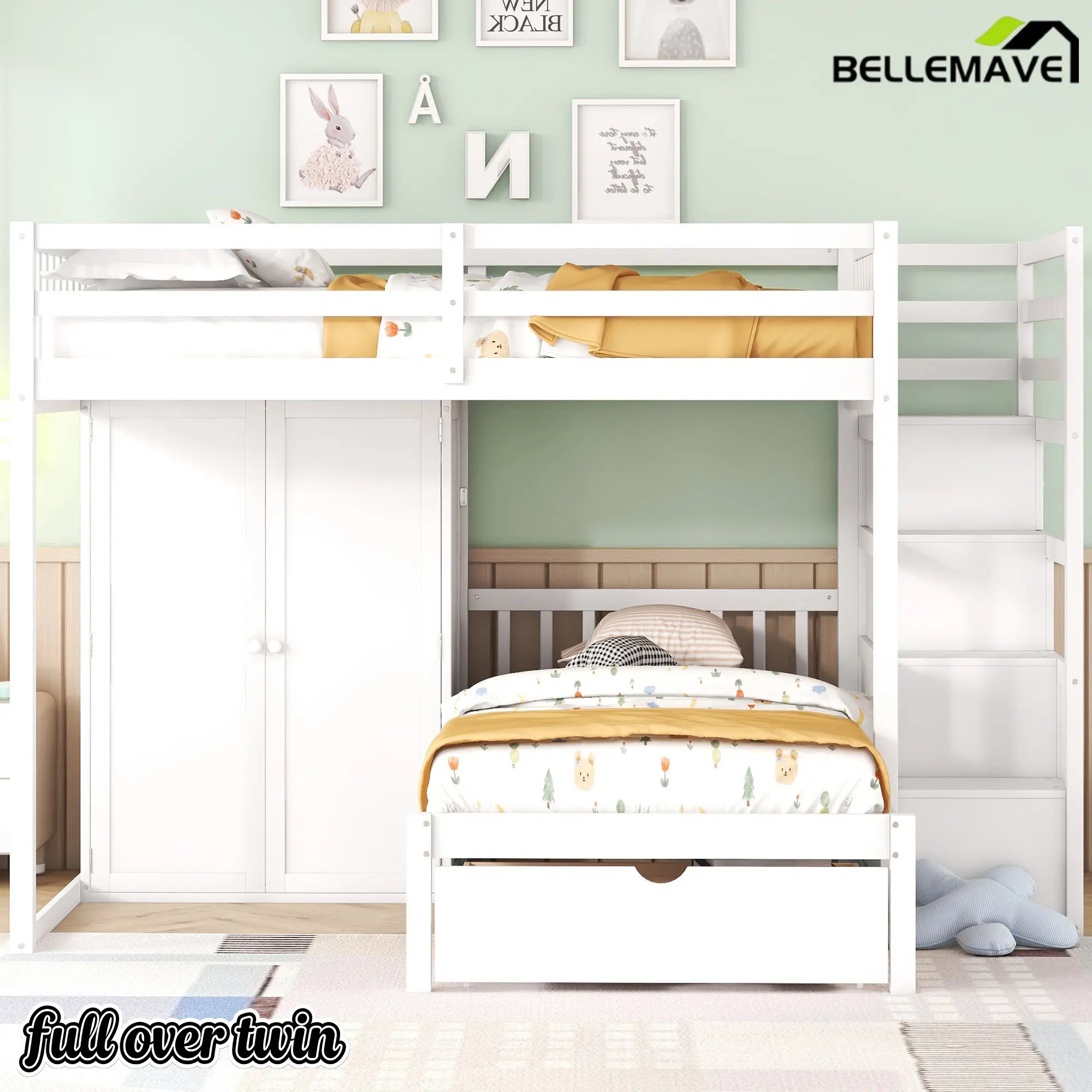 Bellemave® Full over Twin Bunk Bed with Desk, Drawers and Shelves, White - Bellemave