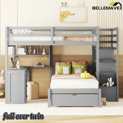 Bellemave® Full over Twin Bunk Bed with Desk, Drawers and Shelves, White - Bellemave