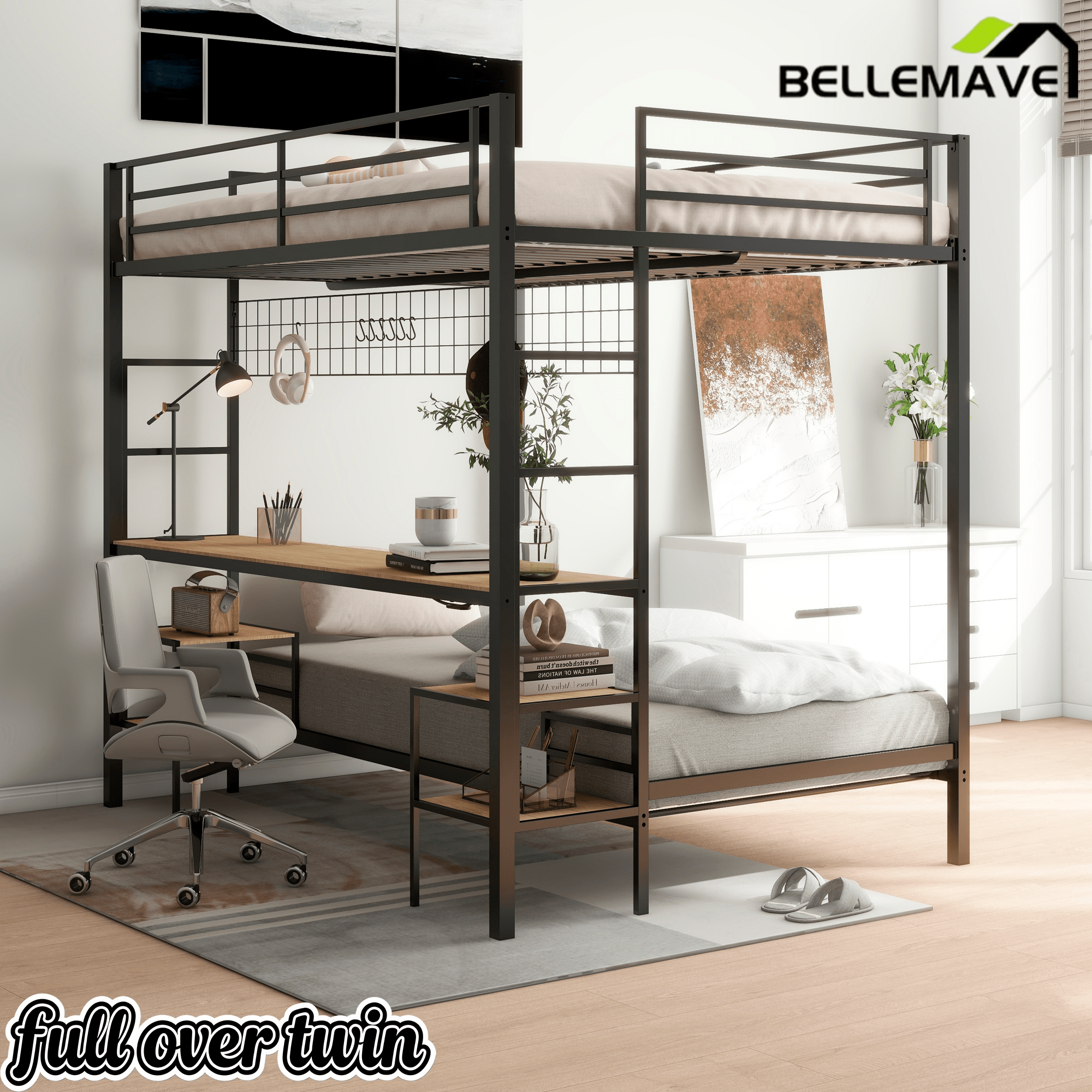 Bellemave® Full Over Twin Bunk Bed with Desk, Shelves & Charging Station - Bellemave