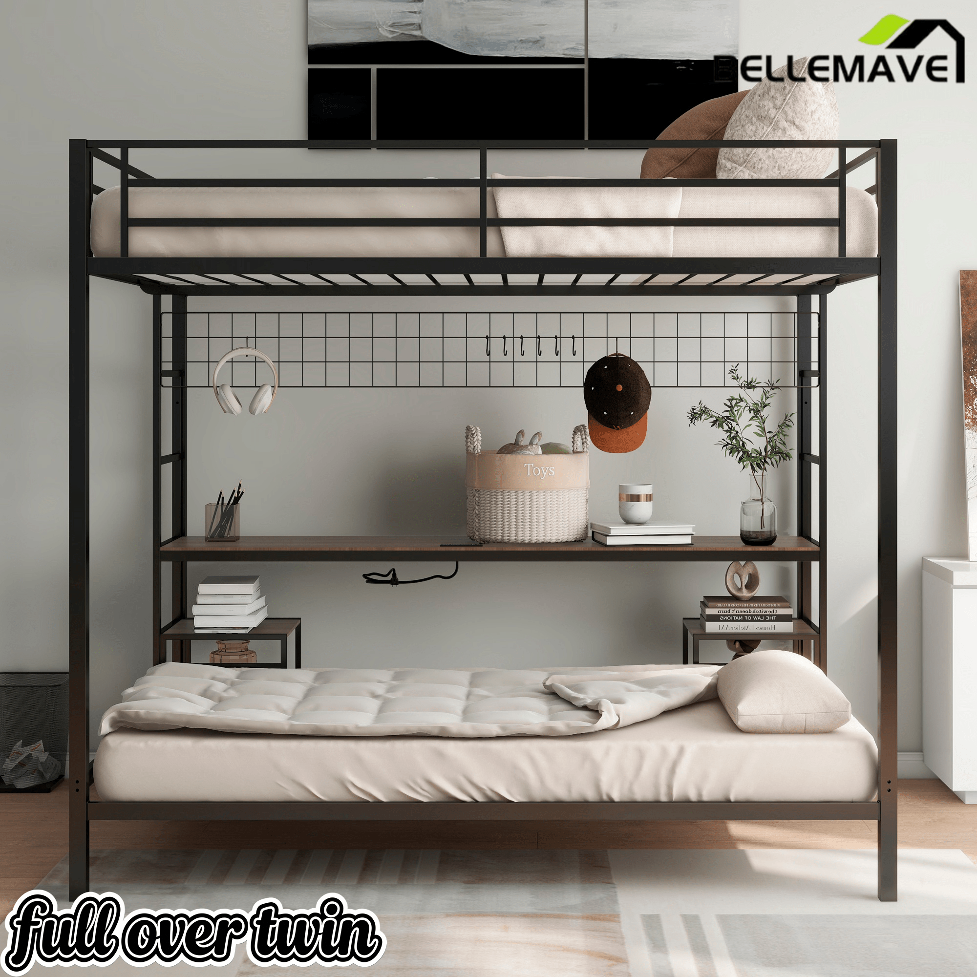 Bellemave® Full Over Twin Bunk Bed with Desk, Shelves & Charging Station - Bellemave