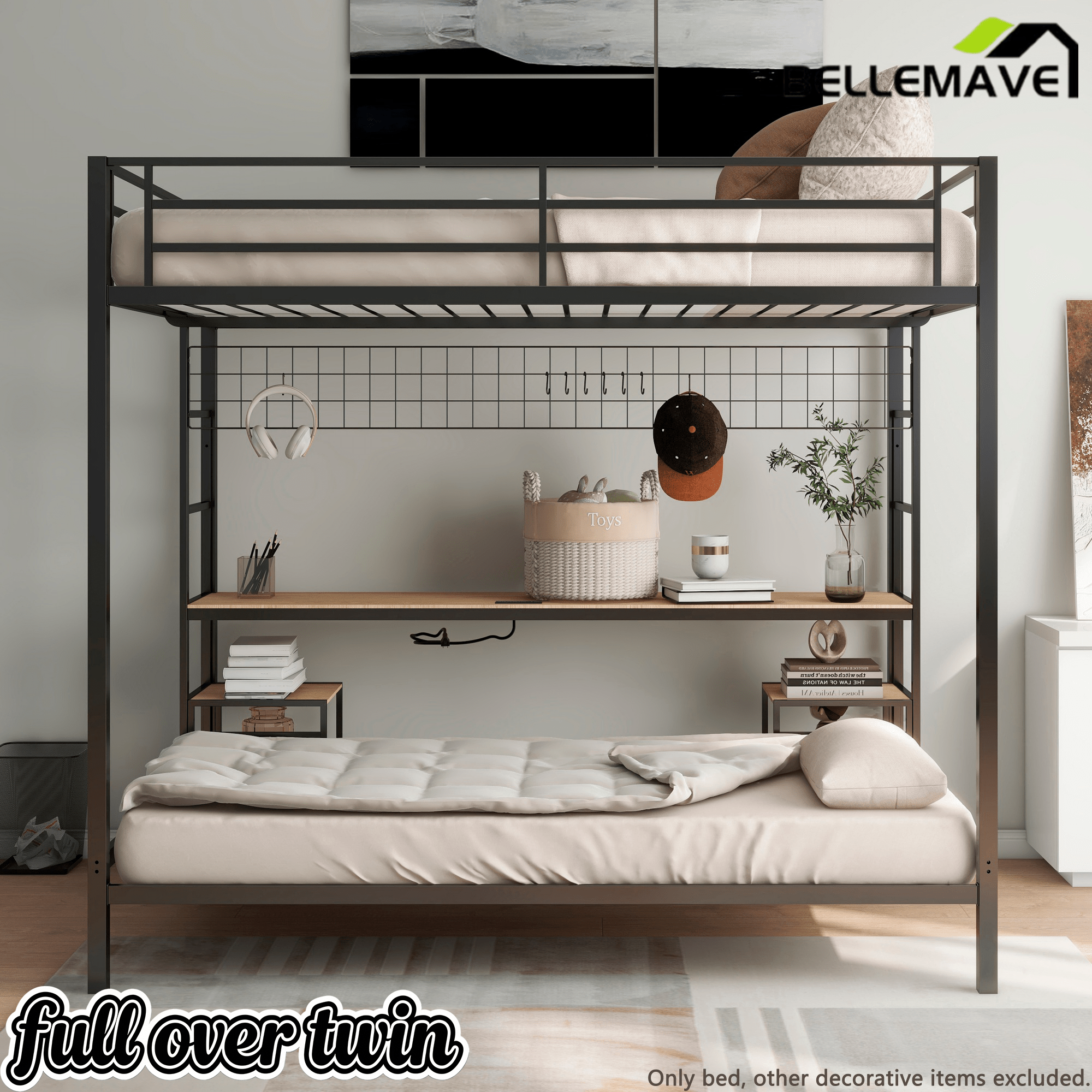 Bellemave® Full Over Twin Bunk Bed with Desk, Shelves & Charging Station - Bellemave