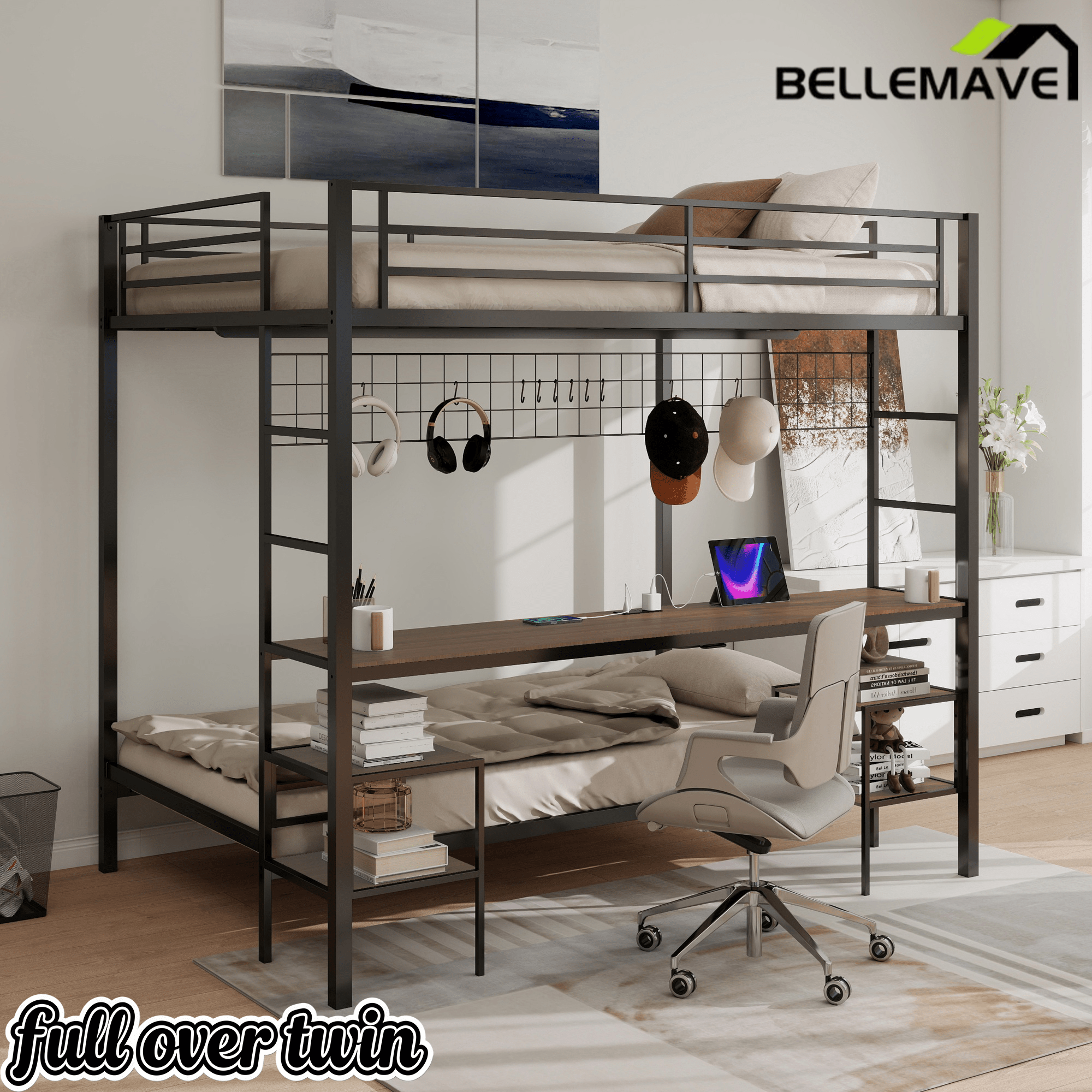 Bellemave® Full Over Twin Bunk Bed with Desk, Shelves & Charging Station - Bellemave